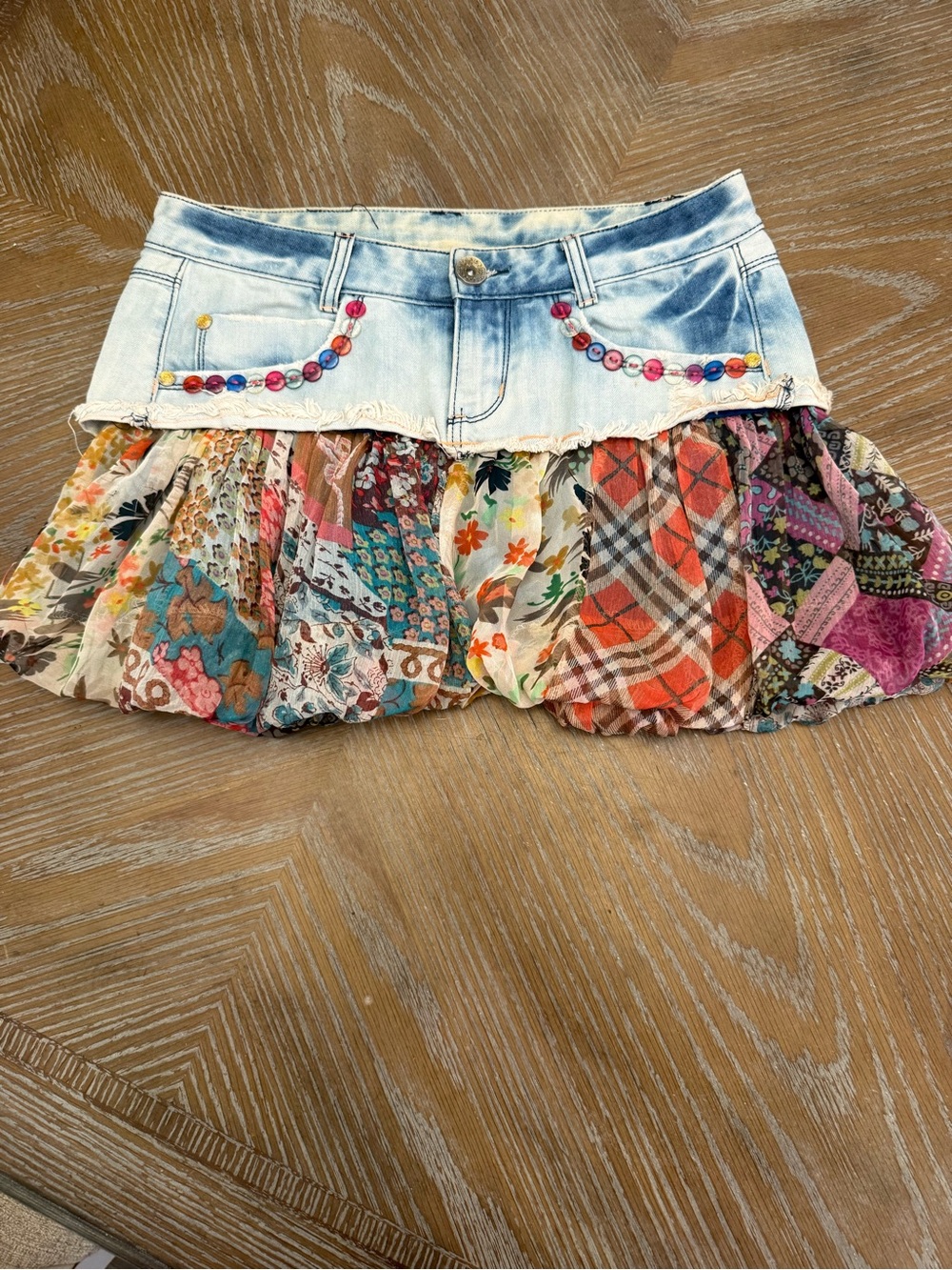 Patchwork Floral Mini Skirt with Light Denim Waist